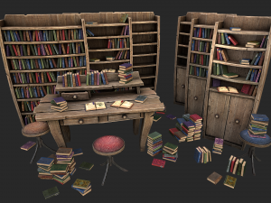 medieval library furniture set model Model 3D