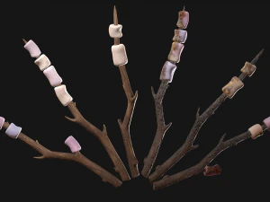 Marshmallow On a Wooden Stick Sweet Dessert 3D Model