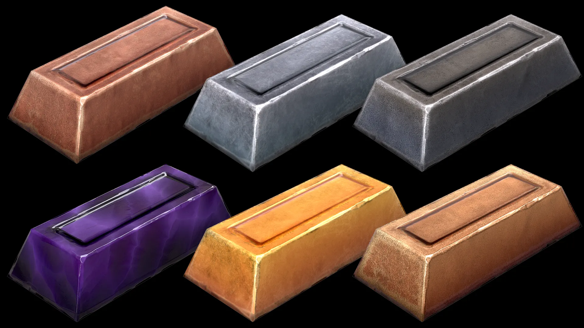 Stylized Ingots Pack Metal Industrial Craft Forge Resource Set 3D Model .c4d .max .obj .3ds .fbx .stl .blend 