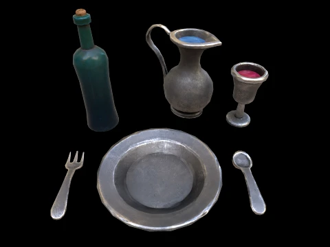 Stylaized Dishes Kitchen Utensils Drinking in a Tavern 3D Model