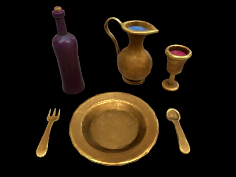 Stylaized Dishes Kitchen Utensils Drinking in a Tavern 3D Model