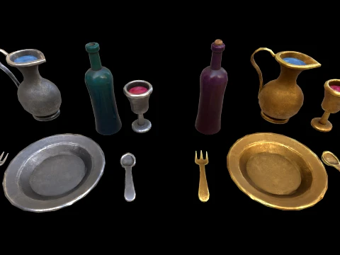 Stylaized Dishes Kitchen Utensils Drinking in a Tavern 3D Model
