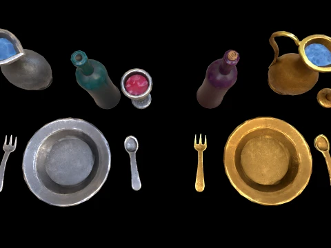Stylaized Dishes Kitchen Utensils Drinking in a Tavern 3D Model