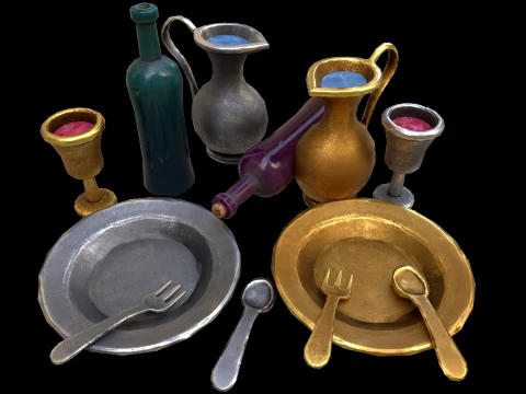 Stylaized Dishes Kitchen Utensils Drinking in a Tavern 3D Model