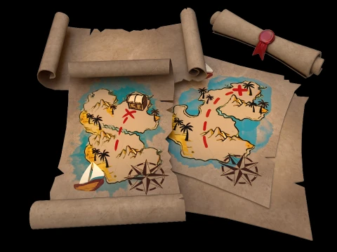Treasure Pirate Map Roll of Paper Letter With Seal 3D Model