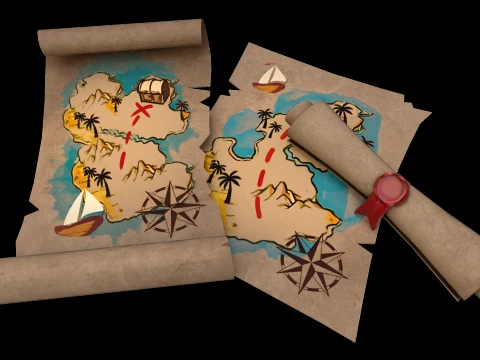 Treasure Pirate Map Roll of Paper Letter With Seal 3D Model