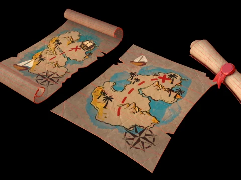 Treasure Pirate Map Roll of Paper Letter With Seal 3D Model