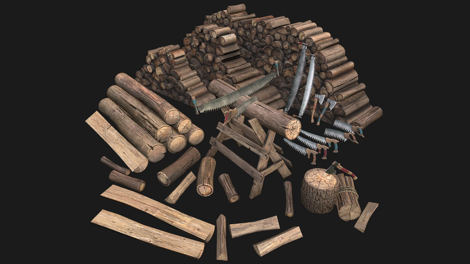 Large Set of Lumberjack and Firewood 3D Model .c4d .max .obj .3ds .fbx .stl .blend 