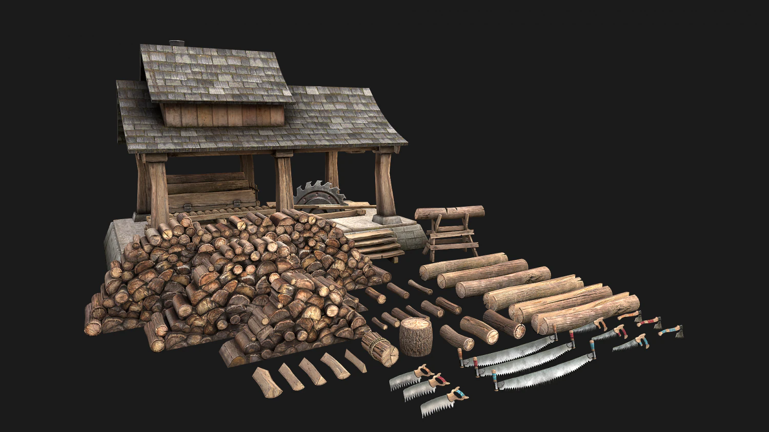 Conjunto de serraria e lenhador Modelo 3D .c4d .max .obj .3ds .fbx .stl .blend 
