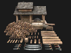 Conjunto de serraria e lenhador Modelo 3D
