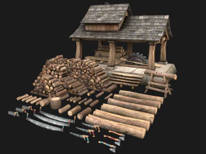 Conjunto de serraria e lenhador Modelo 3D