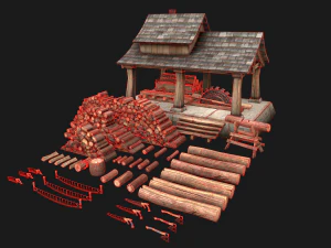 Conjunto de serraria e lenhador Modelo 3D