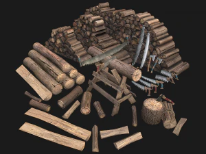 Conjunto de serraria e lenhador Modelo 3D