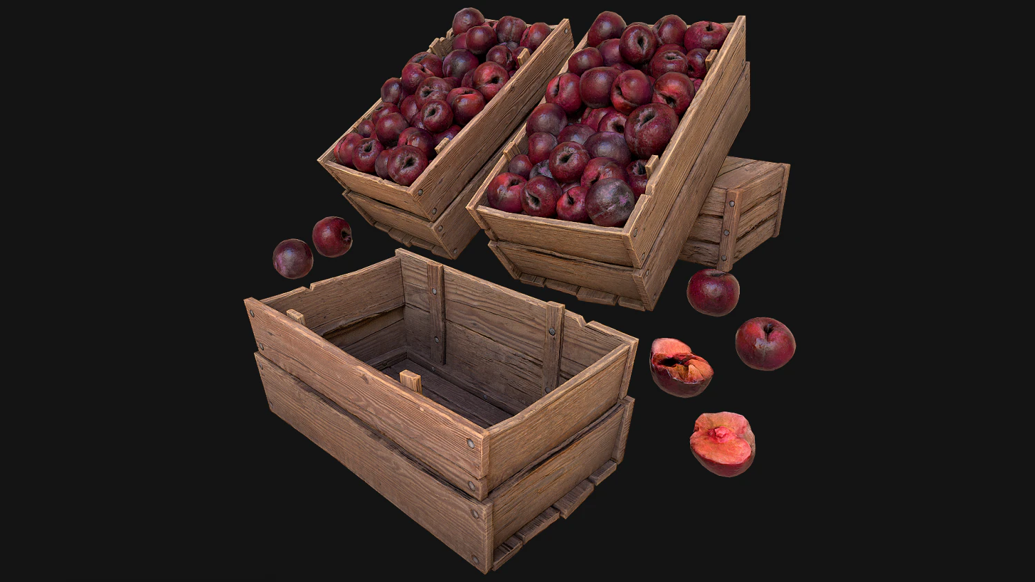 Plums Crate Stand Box Farm Village Food 3D Model .c4d .max .obj .3ds .fbx .stl .blend 