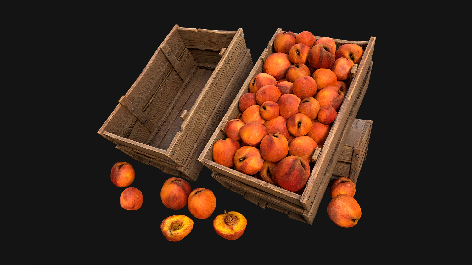 Peaches Crate Stand Box Farm Village Food 3D Model .c4d .max .obj .3ds .fbx .stl .blend 