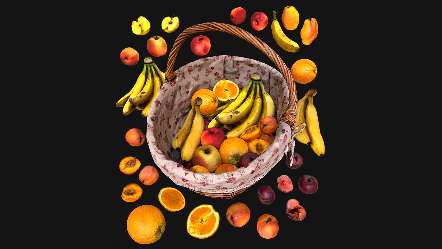 Fruit Basket Tropical Dessert Bazaar Food 3D Model .c4d .max .obj .3ds .fbx .stl .blend 