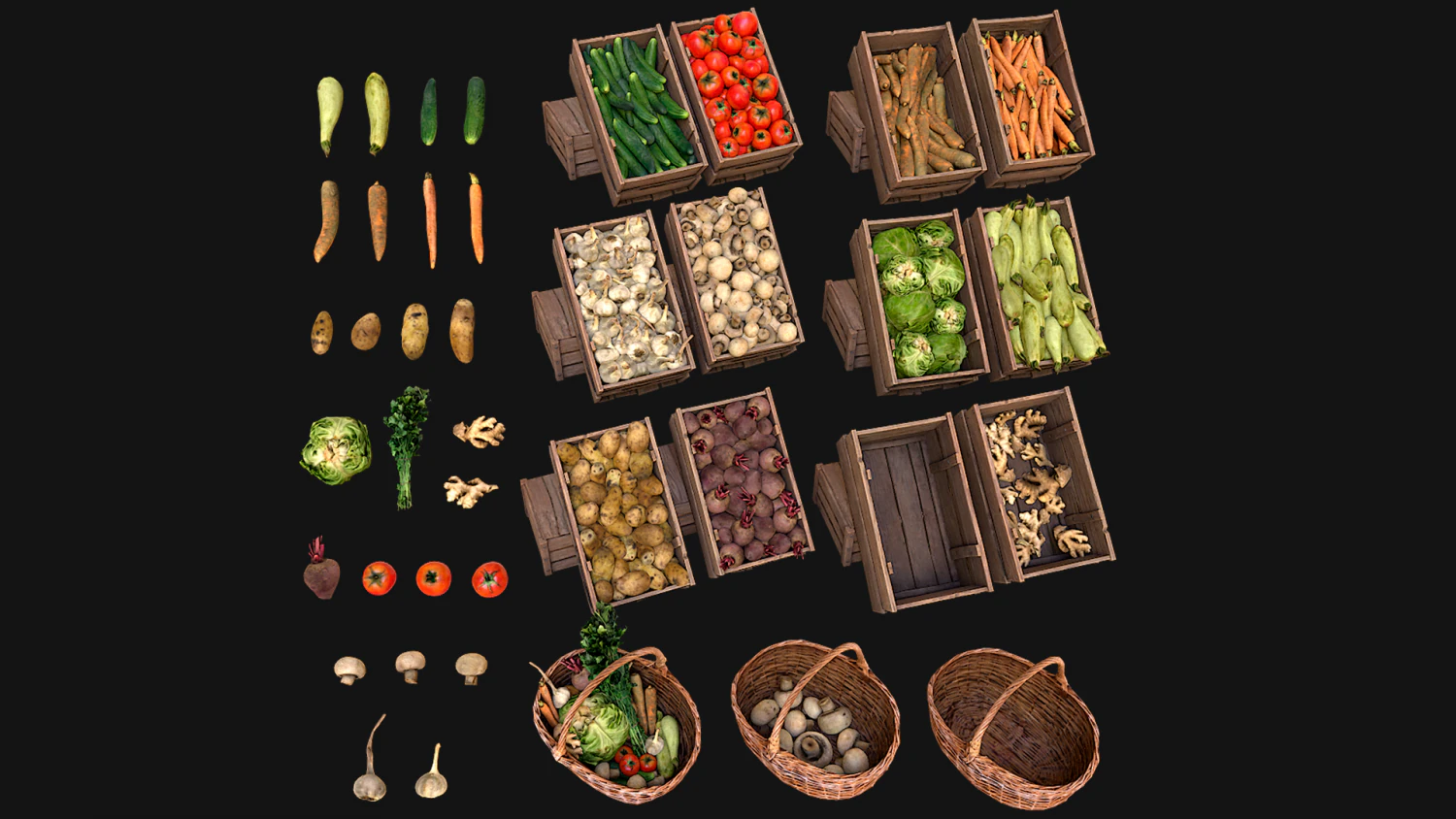Set of Boxes of Vegetables Crate 3D Model .c4d .max .obj .3ds .fbx .stl .blend