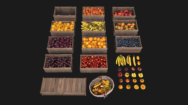 Set of Boxes of Fruits Crate Medieval 3D Model .c4d .max .obj .3ds .fbx .stl .blend 