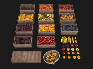 Set of Boxes of Fruits Crate Medieval 3D Model