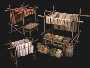 Medieval Market Vegetable Stalls Tent Pack 3D Model