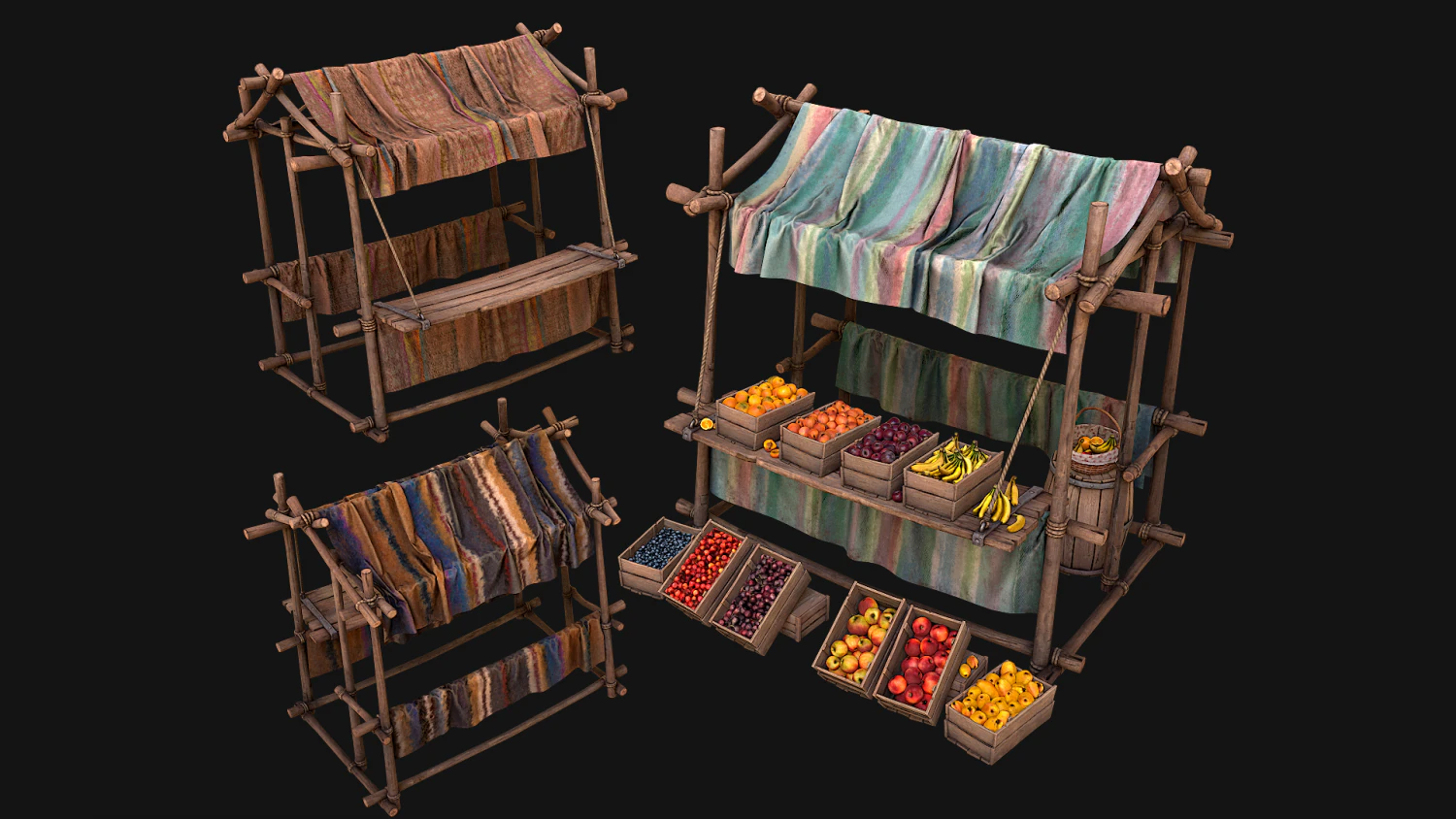 Medieval Market Fruit Stalls Tent Pack Bazaar Food Stand 3D Model .c4d .max .obj .3ds .fbx .stl .blend