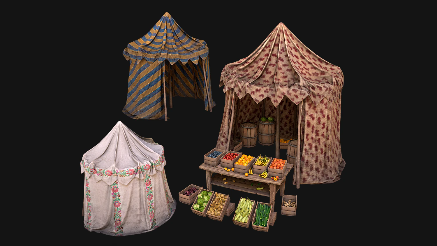 Medieval Market Stalls Cylindrical Tent Fruits Vegetables 3D Model .c4d .max .obj .3ds .fbx .stl .blend 