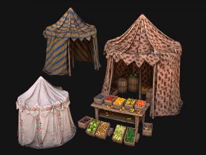 Medieval Market Stalls Cylindrical Tent Fruits Vegetables 3D Model