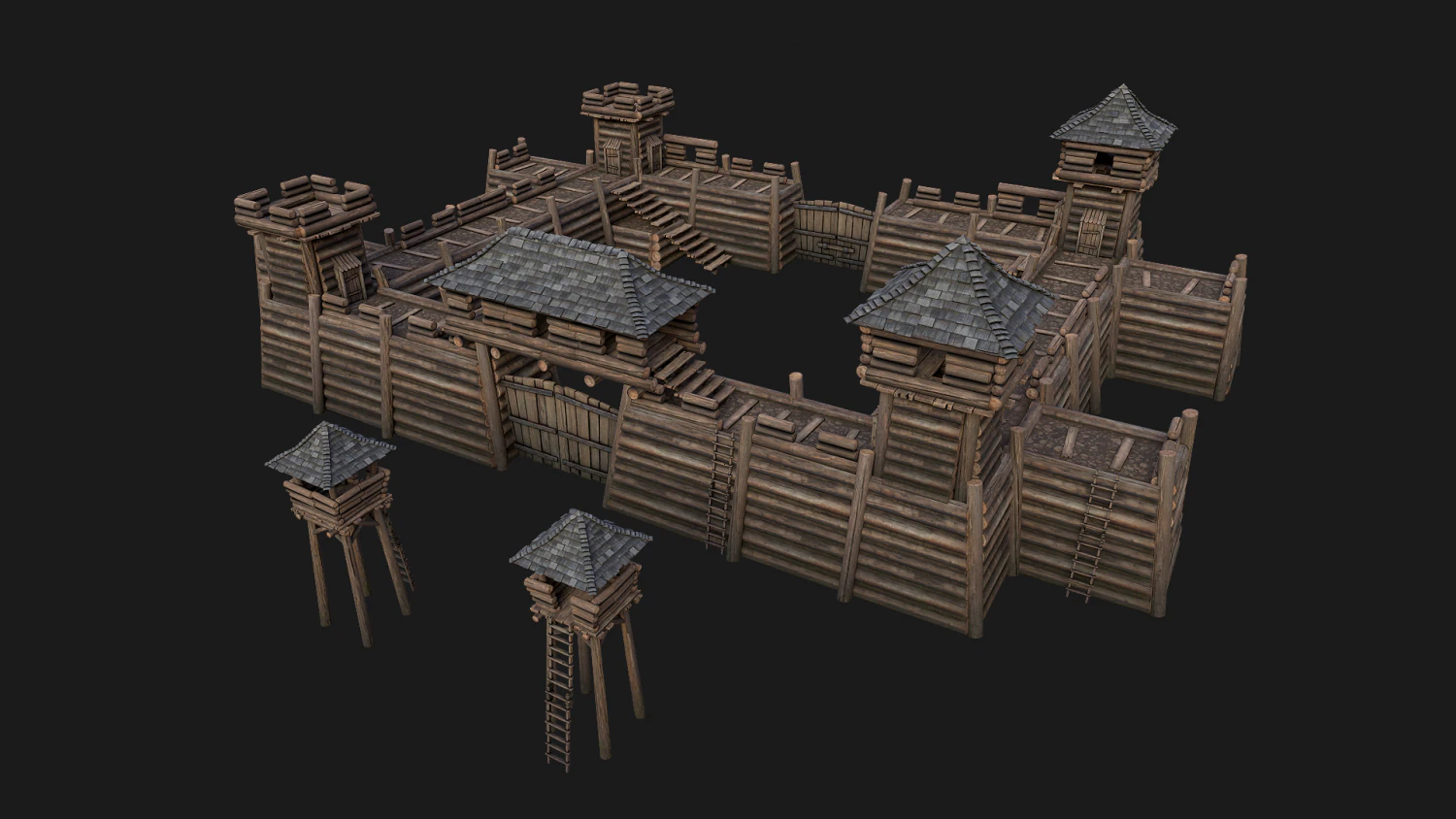 Medieval Wooden Fort Castle Constructor 3D Model .c4d .max .obj .3ds .fbx .stl .blend 