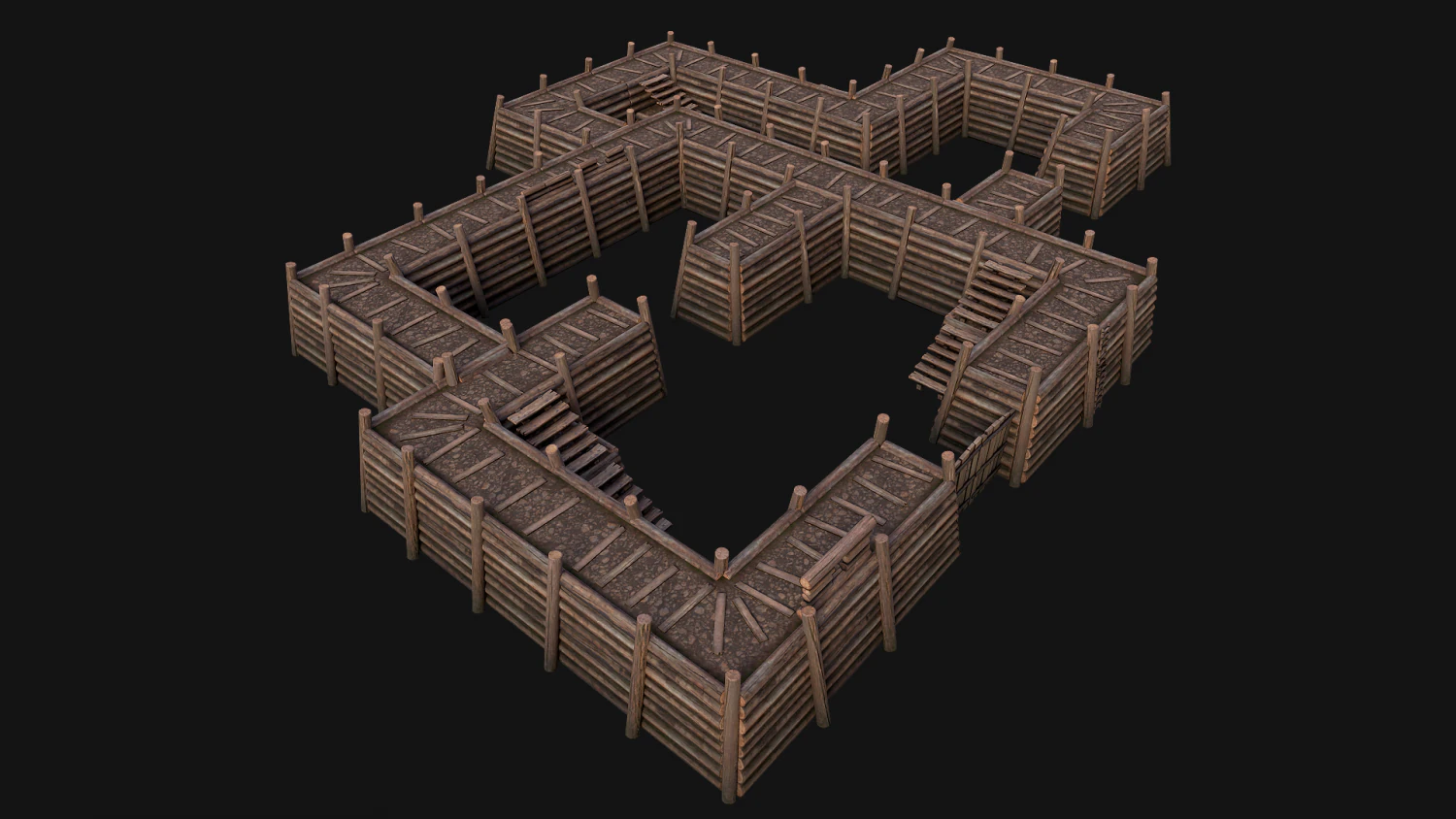 Wooden Castle Fort Walls Modular 3D Model .c4d .max .obj .3ds .fbx .stl .blend 