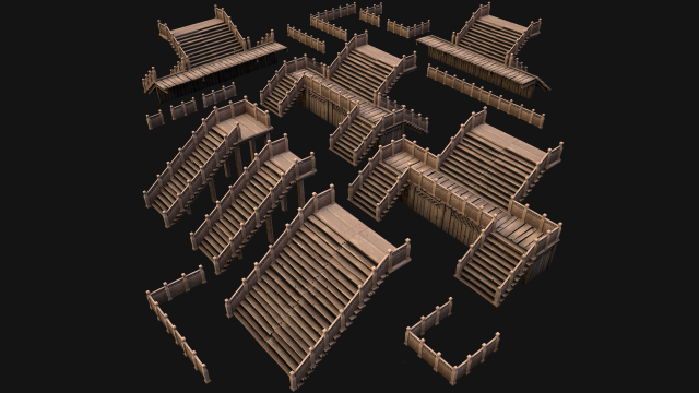 Stairs and Fences Medieval Pack Model 3D .c4d .max .obj .3ds .fbx .stl .blend 