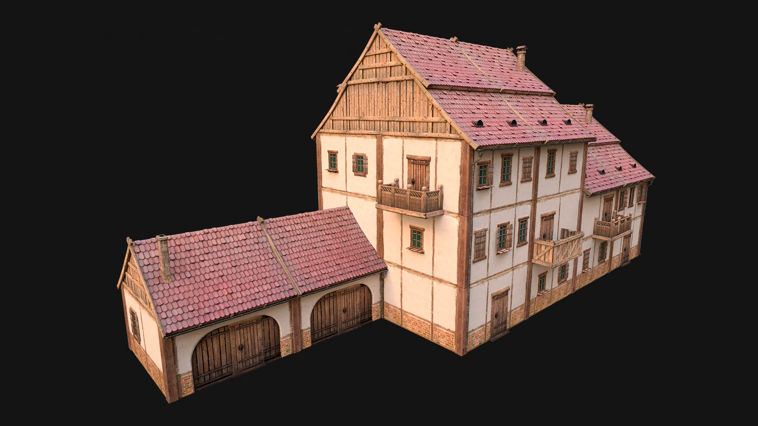 Medieval Brick Town House with Barn 3D Model .c4d .max .obj .3ds .fbx .stl .blend 