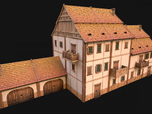 Medieval Brick Town House with Barn 3D Model