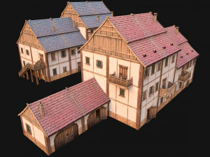 Medieval Brick Town House with Barn 3D Model
