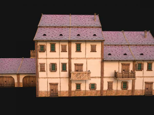 Medieval Brick Town House with Barn 3D Model