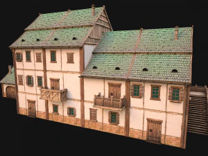 Medieval Brick Town House with Barn 3D Model