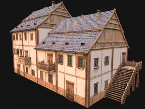 Medieval Brick Town House with Barn 3D Model