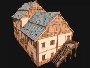 Medieval Brick Town House with Barn 3D Model