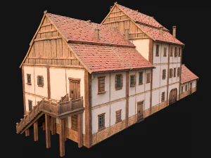 Medieval Brick Town House with Barn 3D Model
