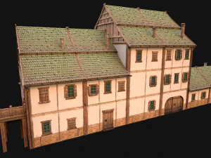 Medieval Brick Town House with Barn 3D Model