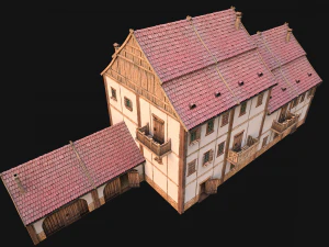 Medieval Brick Town House with Barn 3D Model