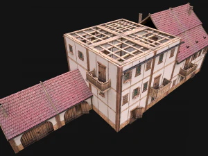 Medieval Brick Town House with Barn 3D Model