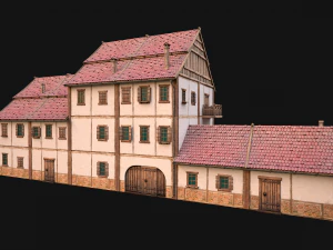 Medieval Brick Town House with Barn 3D Model