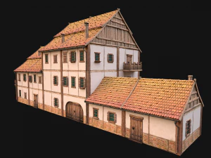 Medieval Brick Town House with Barn 3D Model