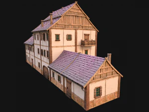 Medieval Brick Town House with Barn 3D Model