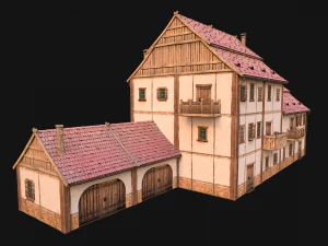 Medieval Brick Town House with Barn 3D Model