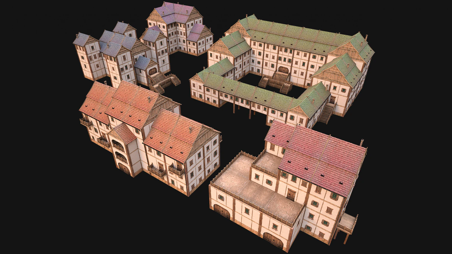 Set of Medieval City High-Rise Buildings 3D Model .c4d .max .obj .3ds .fbx .stl .blend