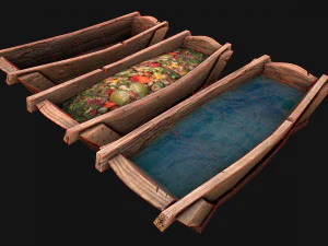 Medieval Trough with Water and Feed for Livestock 3D Model