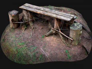 Middeleeuwse houten bank en tafel in de bergen 3D Model