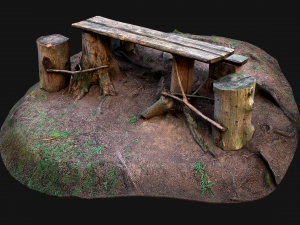 Medieval Wooden Bench and Table in the Mountains Model 3D