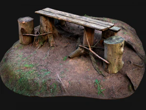 Medieval Wooden Bench and Table in the Mountains 3D Model